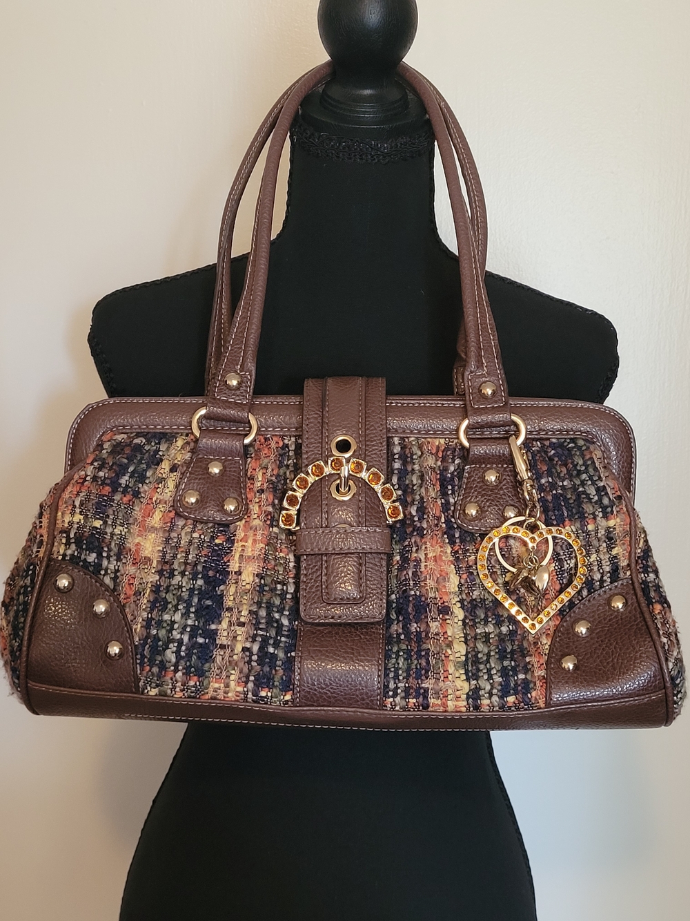 Kathy Van Zeeland 2000s Brown Tweed Shoulder Bag w/ Gold Rhinestone Heart Charm